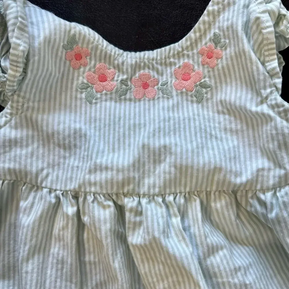 Carter's Green Striped Dress Set with Floral Hat Size 3 Months (T4048)